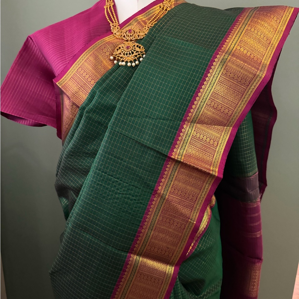 Elegant Green and Pink Saree Handloom Kanchipuram